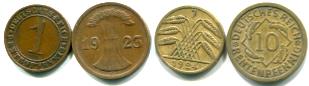 Set of 4 German Rentenmark coins: 1, 2, 5 & 10 Rentenpfennig 1923-24