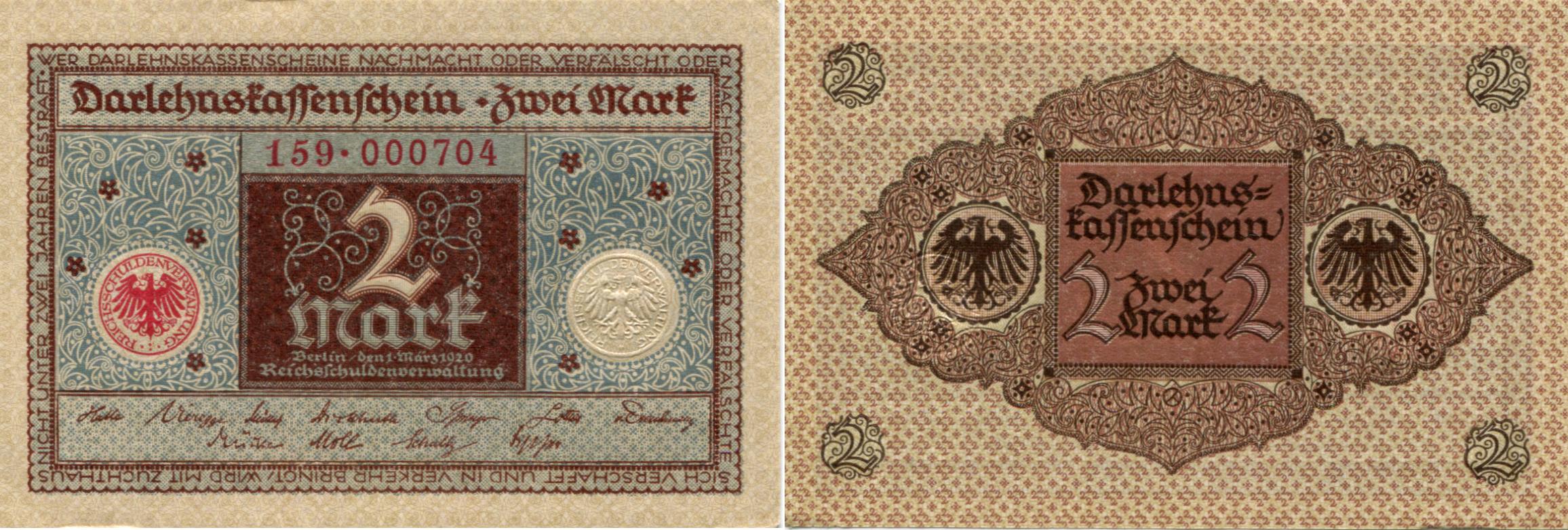 Germany 2 Mark 1920  P-59 Banknotes UNC 