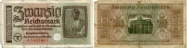 Germany 20 Reichsmark World War II Occupation note, PR139