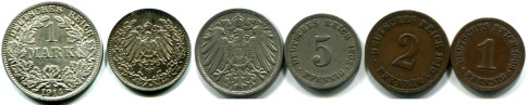 German Empire 6 coin set: 1 Pfennig - silver 1 Mark 1874-1918