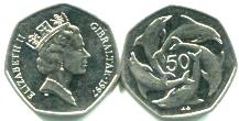 Gibraltar 50 Pence 1997 depicts dolphins, KM39.1