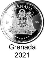 Grenadan1 troy oz. silver 2 Dollar coins 2021 depicting coat of arms with armadillo and a pigeon