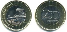 Hungary 200 Forint 2009 bi-metallic coin picturing the Chain Bridge
