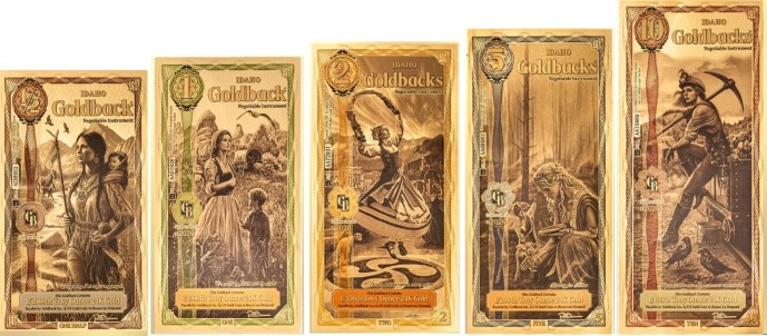 IKdaho goldback notes made of 24K gold: 1/2, 1, 2, 5 & 10 Goldback