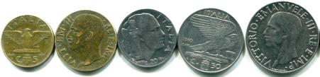 Fascist Italy 5 coin set: 5, 10, 20, 50 Centesimi & 1 Lira