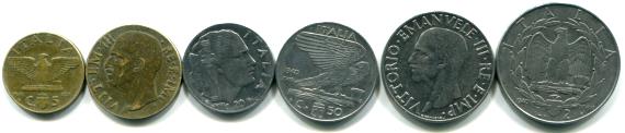 Fascist Italy 6 coin set 5 Centisimi - 2 Lire 1936-43 Fascist Italy 6 coin set 5 Centisimi - 2 Lire 1936-43