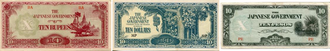 WWII Japanese Invasion notes: Burma 10 Rupees, Malaya 10 Dollars, Philippines 10 Pesos