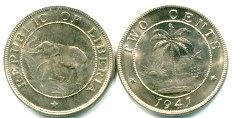 Liberia 2 Cent coin 1941 depicts elephant KM12a