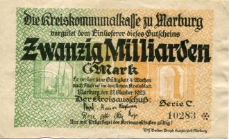 Marburg, Germany 20 Millarden (Billion) Mark uniface note October 27, 1923