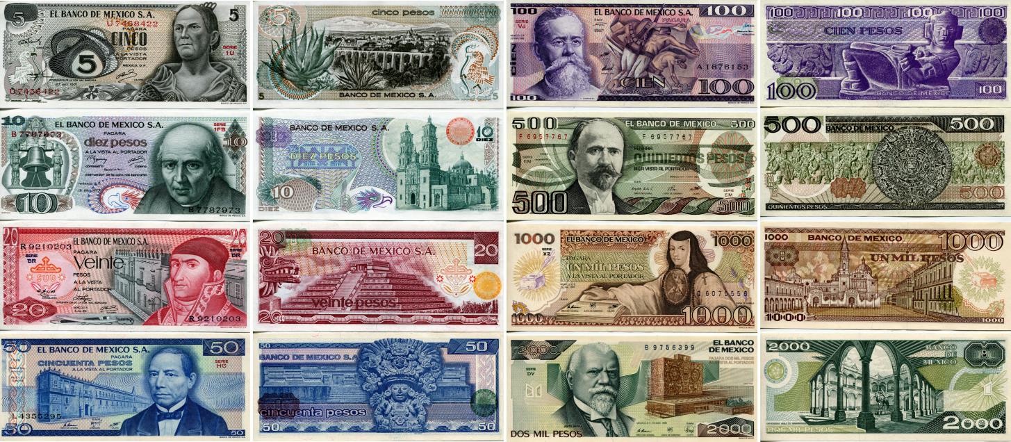 Mexico 8 note set: 5 Pesos - 2000 Pesos 1971-1985