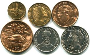 Mexico 6 coin set: 1, 5, 10, 20, 25 & 50 Centavos 1959-1965