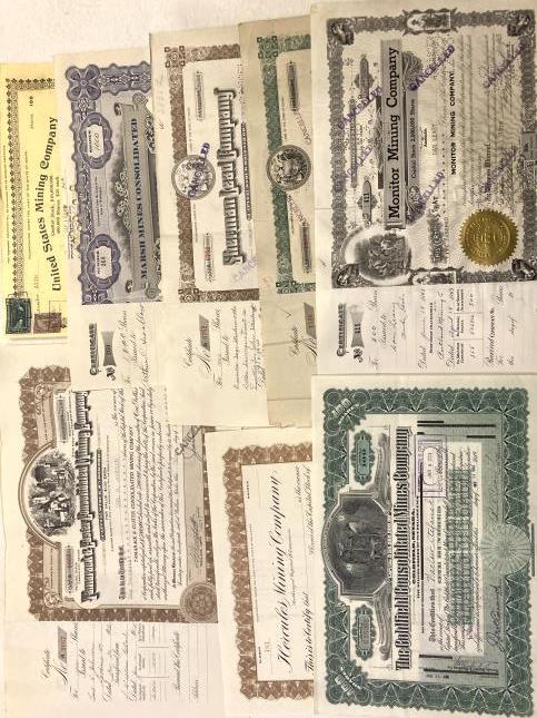 Collection of old mining company stock certificates