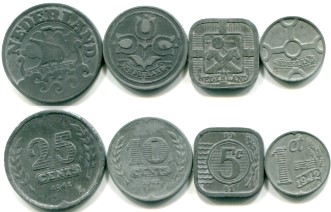 Nazi German occupied Netherlands 4 coin set: 1, 5, 10 & 25 Cents 1941-1944