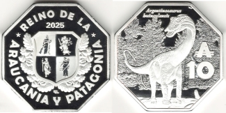 Kingdom of Araucania and Patagonia 10 Australs 2025 depicts Argentinosaurus