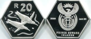 Prince Edward Islands 20 Rand coin, 2020 depicts a pair of African penguins diving.