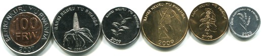 RWANDA 5 COIN SET 1 - 50 FRANCS, 1970-87