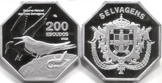 Savage Islands (Selvagens) 200 Escudos 2022 coin depictw two Pink Terns and a Madiera Lizard