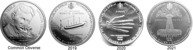 Serbia 1 troy ounce silver Tesla 100 Dinara coins - 2019 Remote Control, 2020 X-Rays, 2021 Wardenclyffe Tower-Free Energy