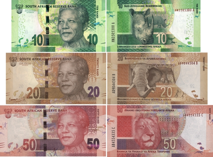 South Africa 10, 20 and 50 Rand notes picturing Nelson Mandela and wildlife