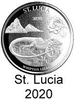 St. Lucia 1 troy oz. silver 2 Dollar coins 2020 Whiptail Lizard