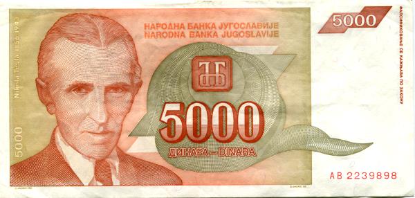 Nikola Tesla pictured on Yugoslavia 5000 Dinara 1993 currency
