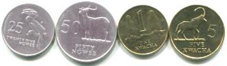 Zambia 25 Ngwee, 50 Ngwee, 1 Kwacha, 5 Kwacha 1992 wildlife coins
