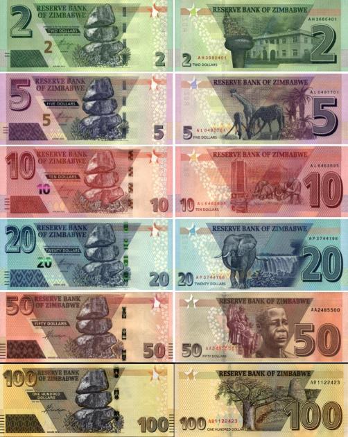 Zimbabwe 5 note set: $2 to $100, 2019-2020