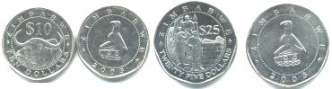 Zimbabwe 10 and 25 Dollar coins, 2003 KM14 & KM15