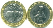 Zimbabwe bi-metallic 5 Dollar coin 2001-2001 depicting rhino KM13